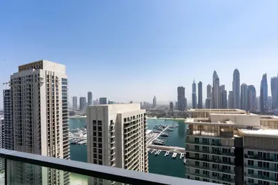 a view of a city skyline with tall buildings at TRPS - Beach Vista, Dubai Harbour - Ain Dubai View, Furnished, Private Beach Access in Dubai