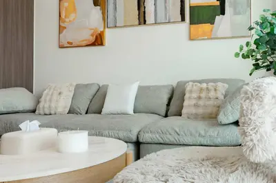 a living room with a couch and a table at TRPS - Beach Vista, Dubai Harbour - Ain Dubai View, Furnished, Private Beach Access in Dubai