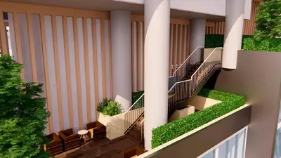 a rendering of a balcony of a building with plants at Crest Serene Stay for 4 Guests 1BR and Cozy Room in Dubai