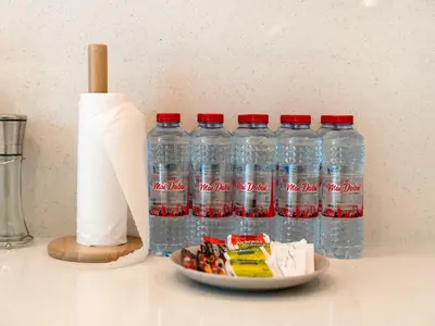 a group of bottles of water and a plate of food at Downtown 4BDR Apartment Opposite Dubai Mall, Burj Khalifa Views in Dubai