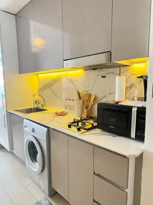 a kitchen with a microwave and a washing machine at Cozy Studio 15 Min From Burj Khalifa in Dubai