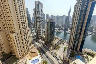 an aerial view of a city with tall buildings at Spacious and luxurious 1 bed with amazing marina view!Rimal ! in Dubai