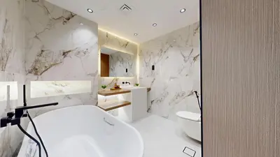 a white bathroom with a sink and a toilet at Vacationer I Upgraded , Luxury 2 Bedroom Apartment Near JBR Beach, Prime Spot in Dubai