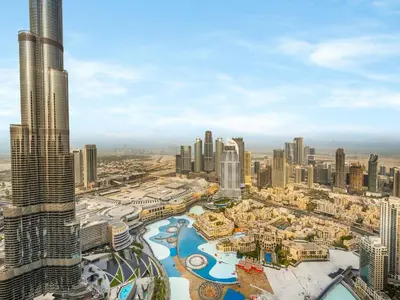 an aerial view of the dubai city skyline at 2BR balcony Downtown with Burj Khalifa and Fountain View in Dubai