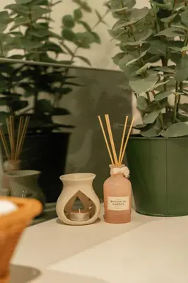 two vases and bamboo sticks on a table with plants at Smart Studio in Business Bay Near Burj Khalifa in Dubai