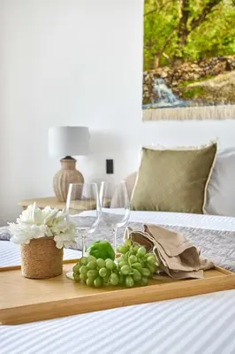 a tray with wine glasses and grapes on a bed at Frank Porter - Tiara Residence Diamond North 4 in Dubai