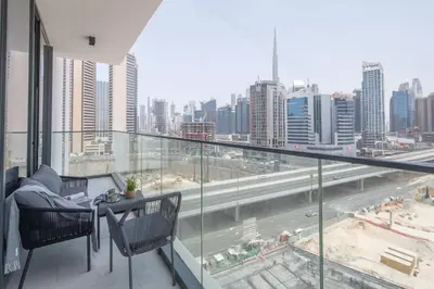 a balcony with a view of a city skyline at Frank Porter - The Paragon in Dubai
