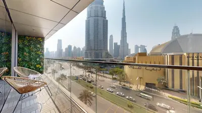 a view of a city from the balcony of a building at Vacationer I Luxury 2 Bedroom I Burj Khalifa View in Dubai