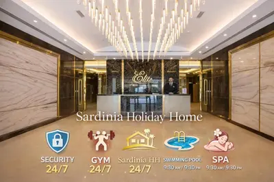 a hotel lobby with a sign for santa clarita holiday home at Studio for 4 just 5 Min Walk to Burj Khalifa, Downtown Dubai, Tower Elite 1 in Dubai