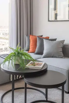 a living room with a couch and a table with a plant at Frank Porter - Liva, Townsquare in Dubai