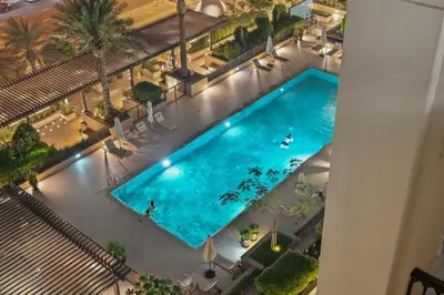 an overhead view of a large swimming pool at Lamtara in Dubai