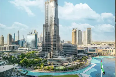 a view of a city with a tall skyscraper at Restay Homes at The Residences Tower 1 - Full Burj Views from all apartments in Dubai