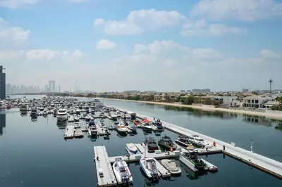a group of boats docked in a harbor at Luxury Upgraded Palm Studio with Marina and Yacht Views in Dubai