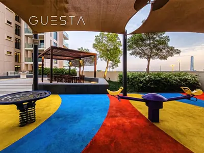 a colorful carpeted floor in a building with a gazebo at Vida Residences The Hills, Dubai in Dubai