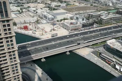 an overhead view of a bridge over a river at Premium 3-BR Serene Canal View High Floor in Dubai
