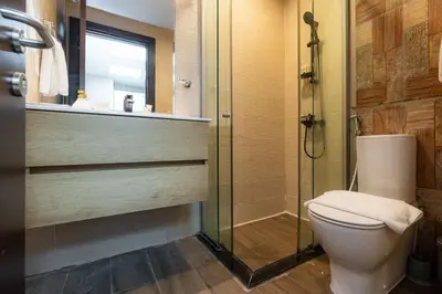 a bathroom with a toilet and a shower at Peaceful - Charming - Urban Hideaway in Dubai