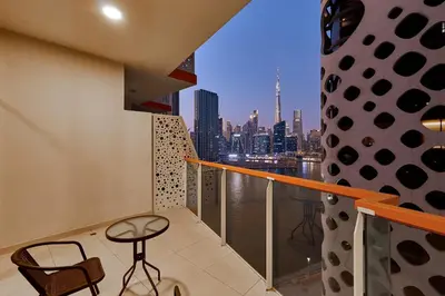a balcony with a view of a city skyline at Millennium Heights 1 in Dubai