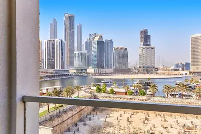 a view of a city skyline from a balcony at Khalifa View Luxe 1BHK in Dubai
