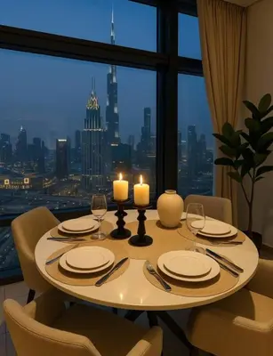 a dining room table with candles and a view of the city at Index Tower DIFC with Burj Khalifa View Chic 1 BR in Dubai