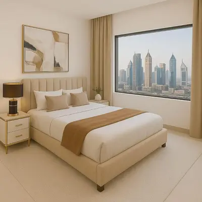 a bedroom with a large bed and a large window at Index Tower DIFC with Burj Khalifa View Chic 1 BR in Dubai
