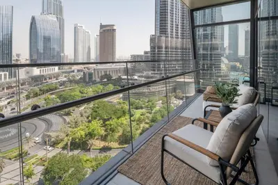 a balcony with a view of a city at Seraya Residences at Address Opera Dubai in Dubai