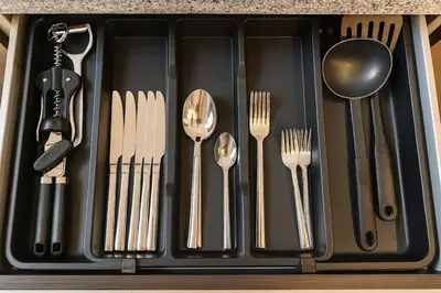 a black tray with utensils and forks and spoons at Spacious 1BR Apartment Imperial Residence B JVT in Dubai