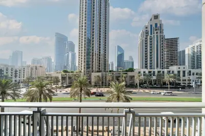 a view of a city skyline with tall buildings at Stylish Studio Retreat Heart of Downtown Dubai in Dubai
