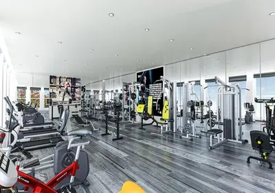 a gym with treadmills and machines in a room at Dubai heaven in Dubai