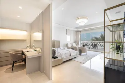 a bedroom with a bed and a desk at Villa with Private Pool in Palm Jumeirah in Dubai
