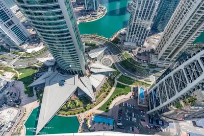 an aerial view of a city with skyscrapers at Vacay Lettings - Lake Terrace JLT - Walk to Metro in Dubai