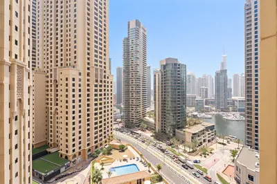an aerial view of a city with tall buildings at VayK - Beautiful 1BR in JBR near the Beach in Dubai
