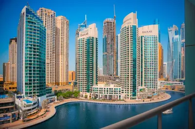 a view of a city with tall buildings and water at Khayali Marina Holiday Homes Dubai Marina JBR in Dubai
