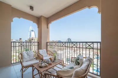 a balcony with a view of a city skyline at Frank Porter - Rahaal 2 in Dubai