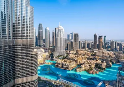 an aerial view of a city with tall buildings at Ultra-Luxury Burj & Fountain Suite at Address Opera in Dubai