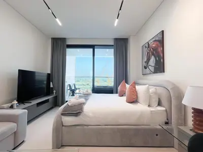 a bedroom with a large bed and a television at Luxury Studio Business Bay Near Dubai Mall in Dubai
