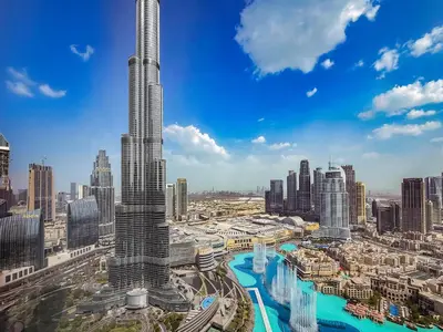a view of a city with the worlds tallest building at Luxury Grande 48 with Burj Khalifa & Fountain Views in Dubai