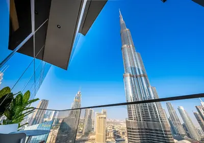 a view of the burj khalifa from the top of a building at Burj Khalifa & Fountain Sky Suite on The Address Opera in Dubai