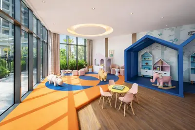 a childrens room with pigs on the floor at DAMAC Maison AYKON City C 3 Bedrooms Walk to Metro Sleeps 8 in Dubai