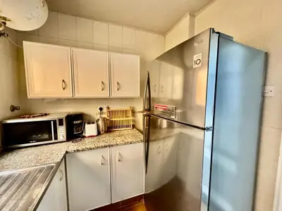 a kitchen with a refrigerator and a microwave at Al Khaleej Apartments Karama in Dubai