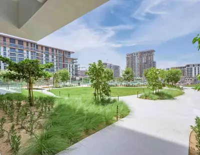 a rendering of a park with trees and buildings at Elegant 1 Bedroom with Balcony in City Walk in Dubai