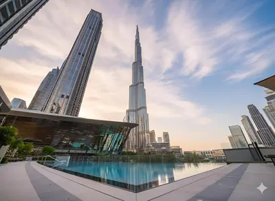 a view of the burj khalifa from the city at Luxury Grande Signature Apartment in Dubai Downtown Steps to Dubai Mall and Burj Khalifa with Stunning Pool View by La Brisa Dubai in Dubai