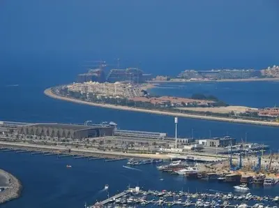 an aerial view of a harbor with boats in the water at Full Luxury 2 Bedrooms Apartment, Princess Tower in Dubai