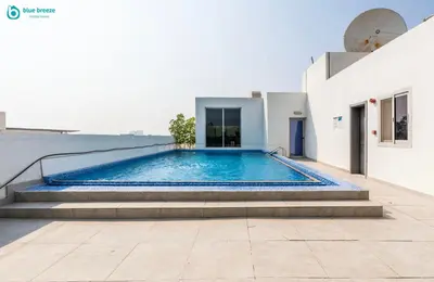 a swimming pool on the side of a building at Blue Breeze Modern 2BR Apartment Near Downtown in Dubai