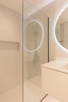 a shower with a glass door in a bathroom at Spacious 2BR in Sulafa Tower - Dubai Marina in Dubai