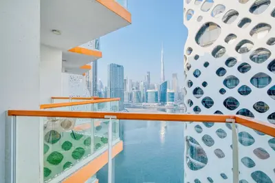 a view of a city from a building with water at PVH - Canal Frontage 1BR - Millennium Binghatti in Dubai