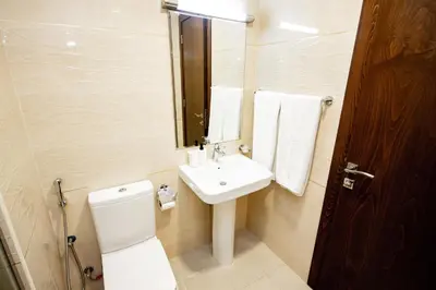 a bathroom with a toilet and a sink and a mirror at Newly Furnished 1BHK Apartment in Maya Residency in Dubai