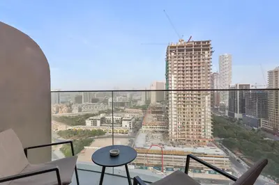 a view of a city skyline from a building at Stylish Comfort Studio in Westwood Grande in Dubai