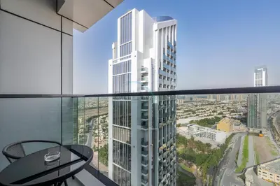 a room with a view of a tall building at Minutes from Dubai Marina with Easy Access to Sheikh Mohammed Bin Zayed Road - Cloud Tower A, Jumeirah Village Triangle by Deluxe Holiday Homes in Dubai