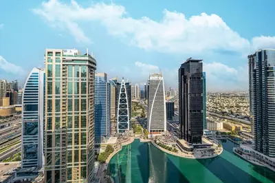 an aerial view of a city with tall buildings at Luxury JLT Studio Lakeview Near Metro & Marina in Dubai
