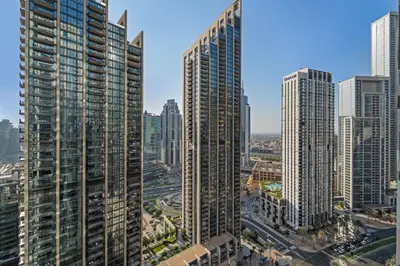 an aerial view of a city with tall buildings at Modern stylish 2BR Apartment walk to Dubai Mall near Burj Khalifa in Dubai